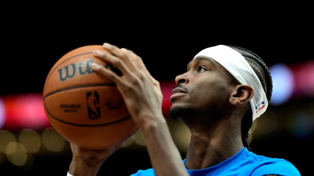 Mar 6, 2024; Portland, Oregon, USA; Oklahoma City Thunder point guard Shai Gilgeous-Alexander (2) warms up prior to a game against the Portland Trail Blazers at Moda Center.